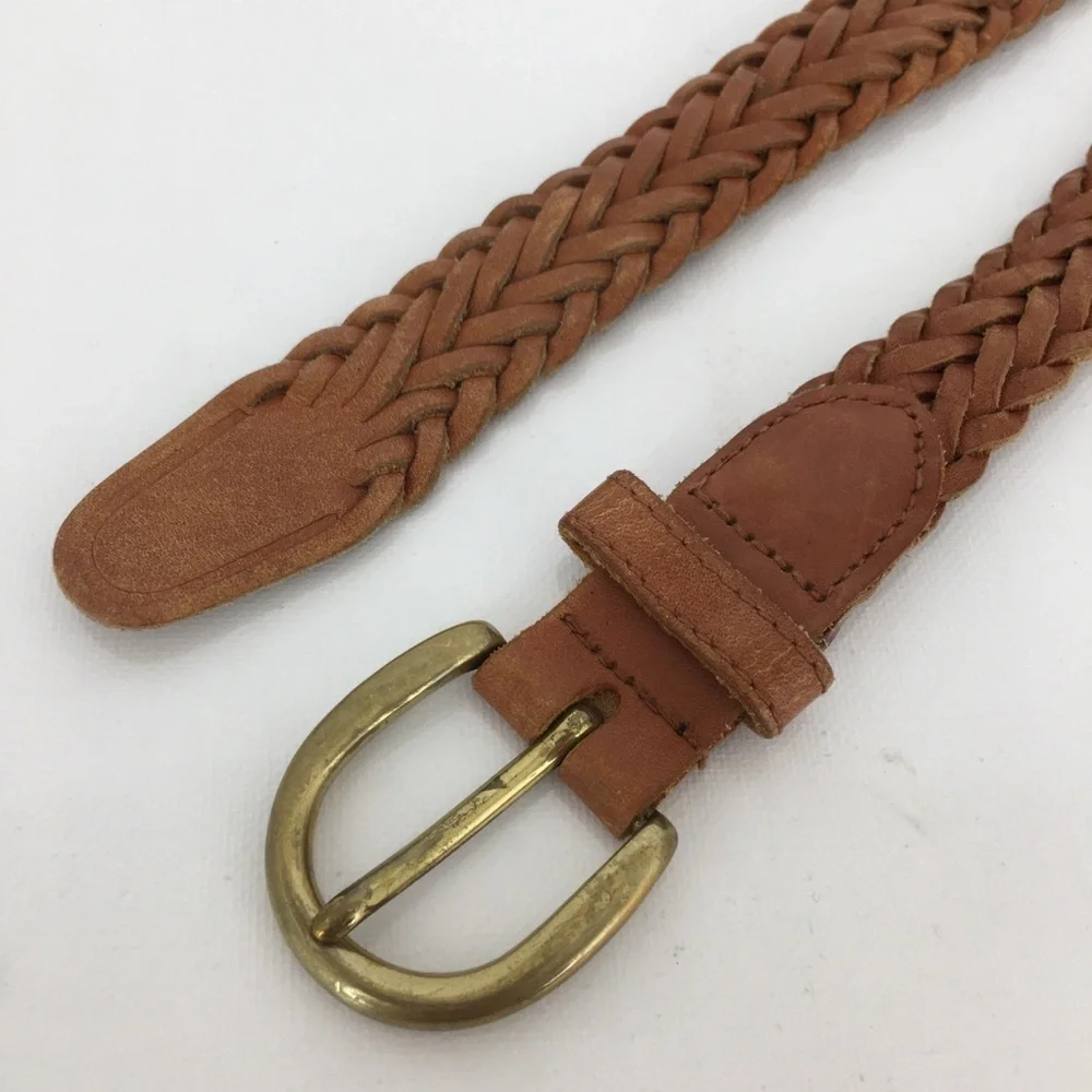 Surrey Women’s Brown Leather Belt Solid Brass Buckle Braided Woven Boho Size M